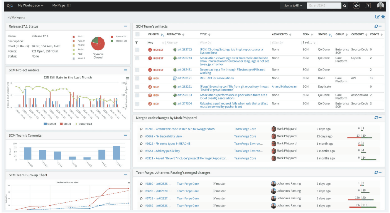 Teamforge projects management dashboard screen in the software